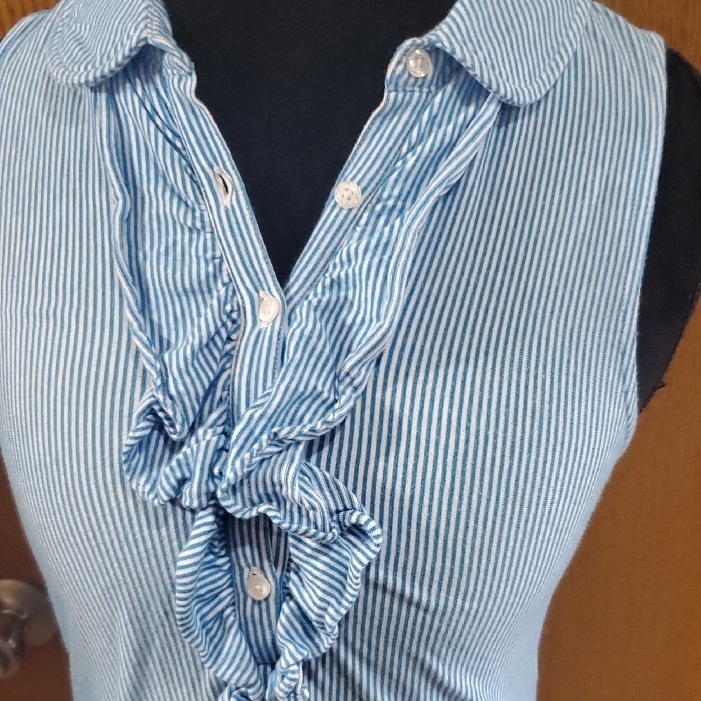 Lilly Pulitzer Blue Pima Cotton Sleeveless Ruffled Pinestriped Top - Picture 3 of 8